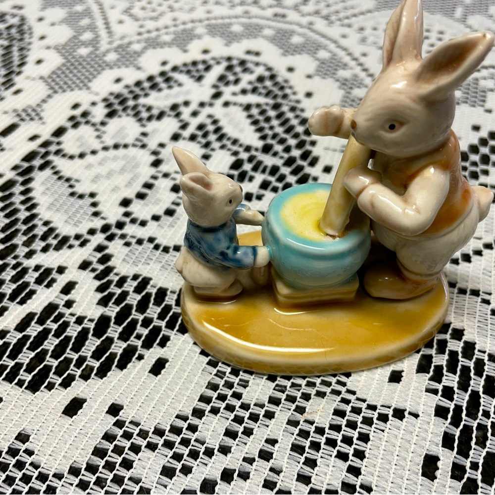 Vintage Small Ceramic Daddy Bunny and Son Stirring Porridge